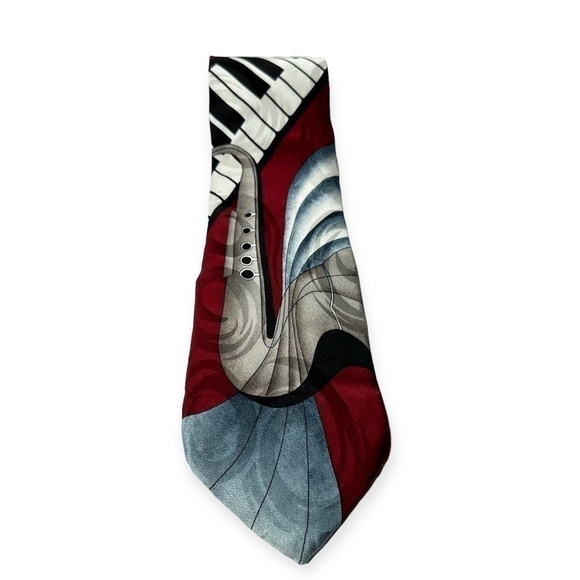 Windsor Upbeat Men’s Silk Tie Piano & Saxophone Pattern - Picture 2 of 5
